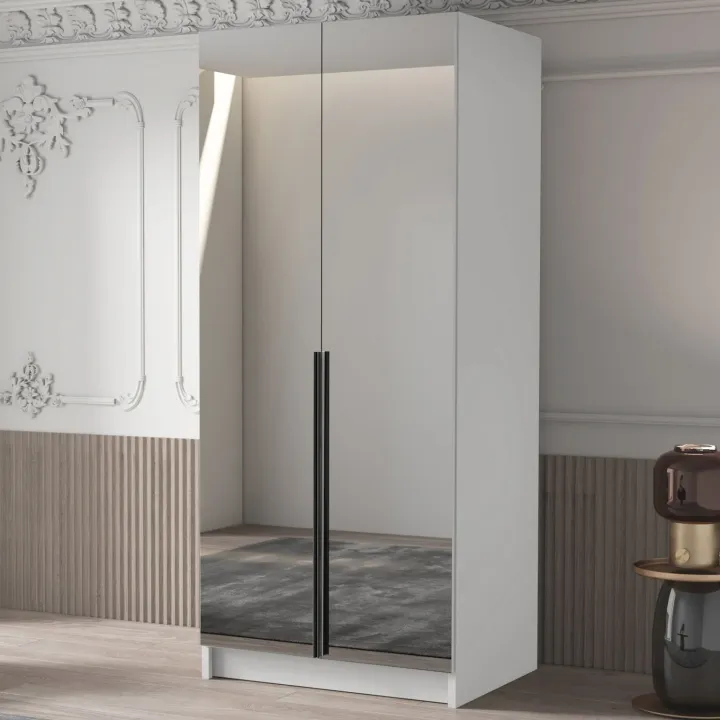 Armadio 100x215h cm 2 ante 2 specchi moderno bianco nero Glammy 2