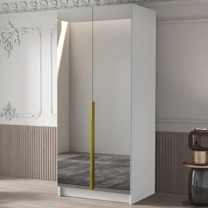 Armadio 100x215h cm 2 ante 2 specchi moderno bianco oro Glammy 2