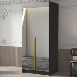 Armadio 100x215h cm 2 ante 2 specchi moderno nero oro Glammy 2
