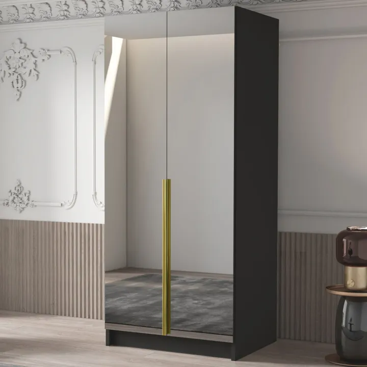Armadio 100x215h cm 2 ante 2 specchi moderno nero oro Glammy 2