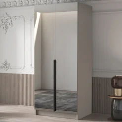 Armadio 100x215h cm 2 ante 2 specchi moderno beige nero Glammy 2
