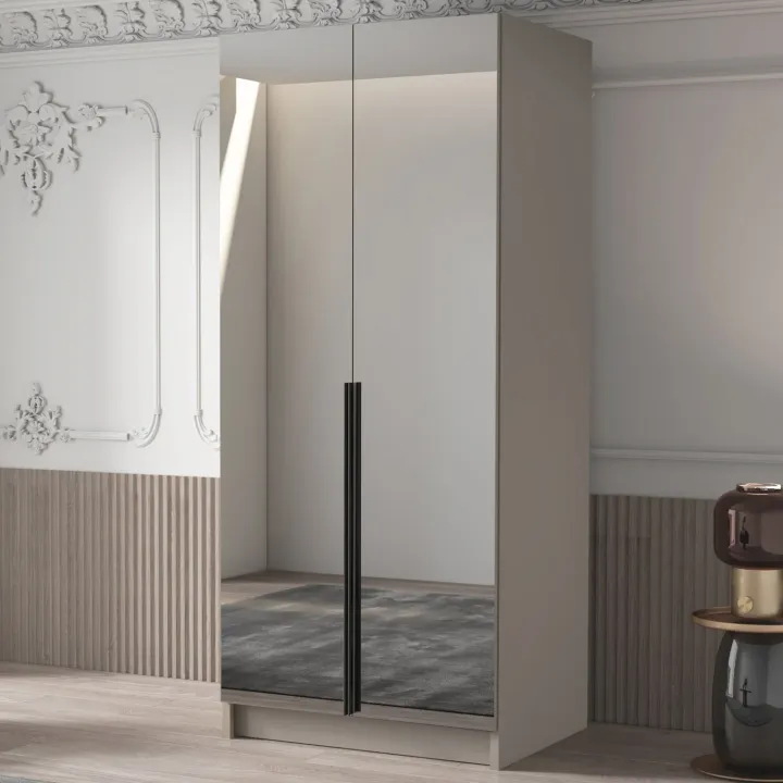 Armadio 100x215h cm 2 ante 2 specchi moderno beige nero Glammy 2