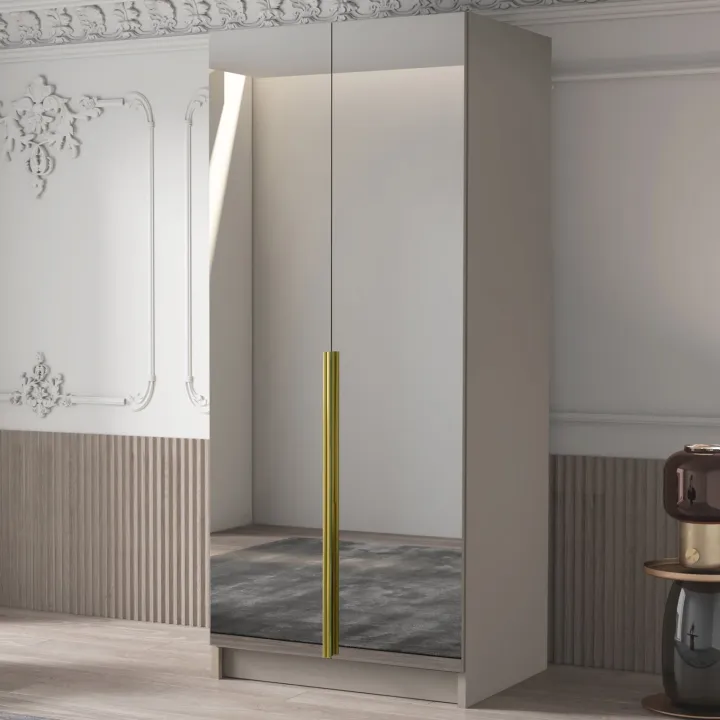 Armadio 100x215h cm 2 ante 2 specchi moderno beige oro Glammy 2
