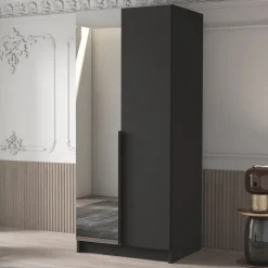 Armadio 100x215h cm 2 ante 1 specchio moderno nero Glammy 2