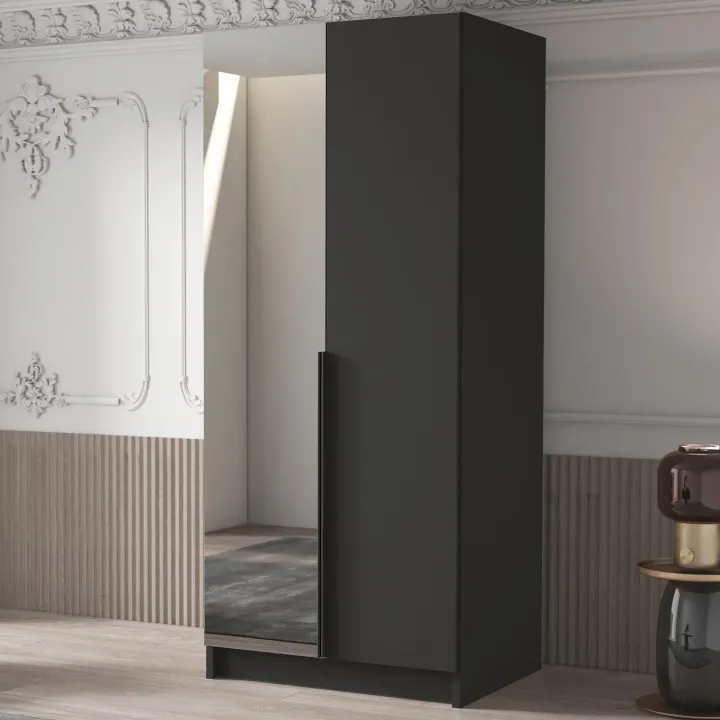 Armadio 100x215h cm 2 ante 1 specchio moderno nero Glammy 2