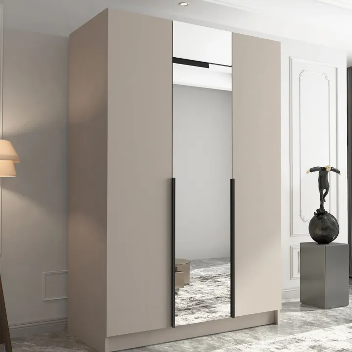 Armadio 150x215h cm 3 ante 1 specchio moderno beige nero Glammy 3