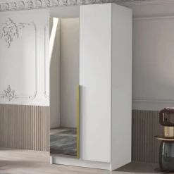 Armadio 100x215h cm 2 ante 1 specchio moderno bianco oro Glammy 2