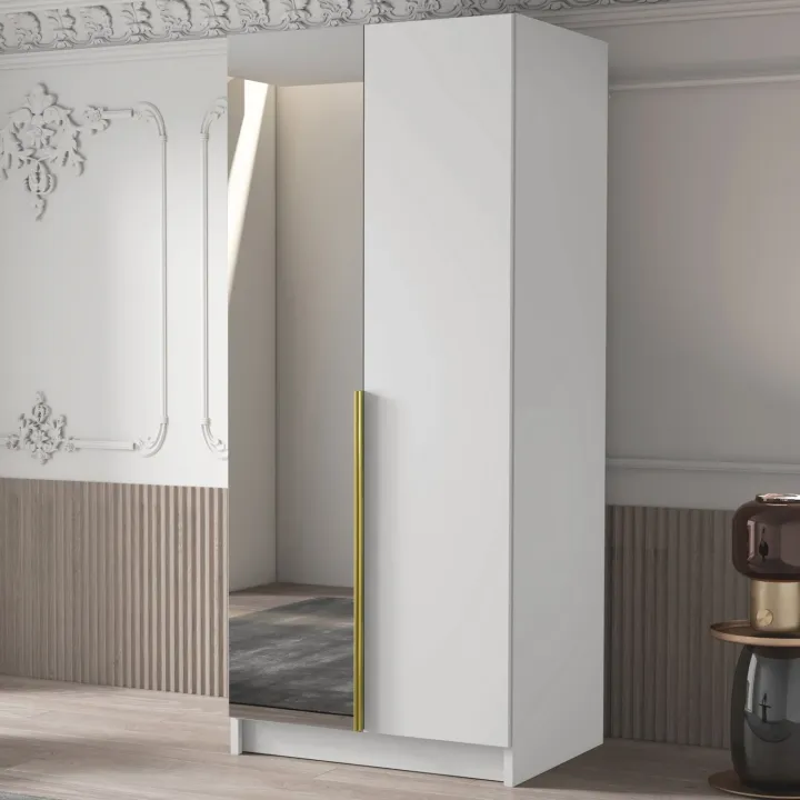Armadio 100x215h cm 2 ante 1 specchio moderno bianco oro Glammy 2
