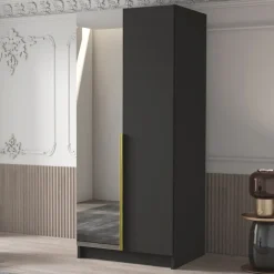 Armadio 100x215h cm 2 ante 1 specchio moderno nero oro Glammy 2
