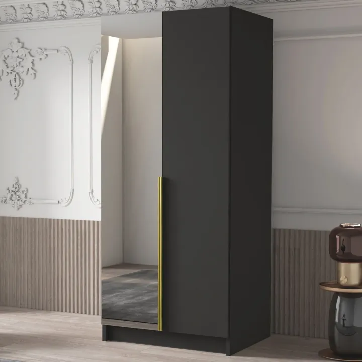 Armadio 100x215h cm 2 ante 1 specchio moderno nero oro Glammy 2