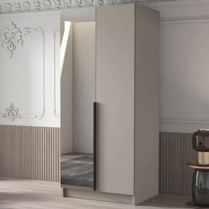 Armadio 100x215h cm 2 ante 1 specchio moderno beige nero Glammy 2