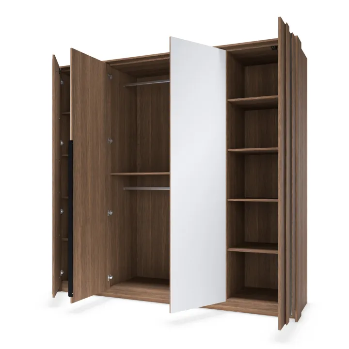 Armadio 223x210h cm con led e specchio 4 ante camera da letto noce Bois