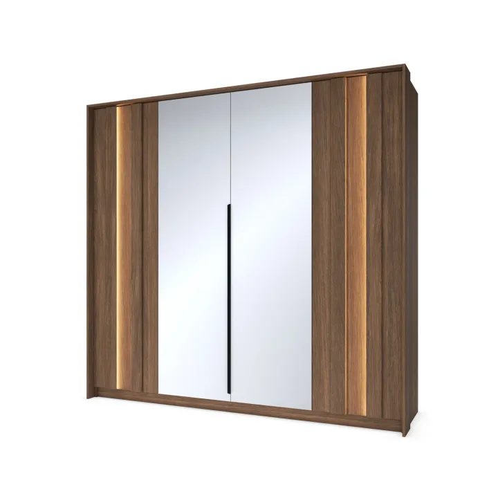 Armadio 223x210h cm con led e specchio 4 ante camera da letto noce Bois