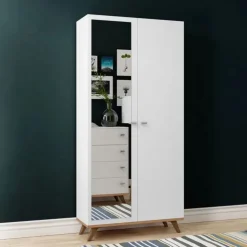 Armadio 90x190h cm soggiorno 2 ante con specchio bianco rovere Clea