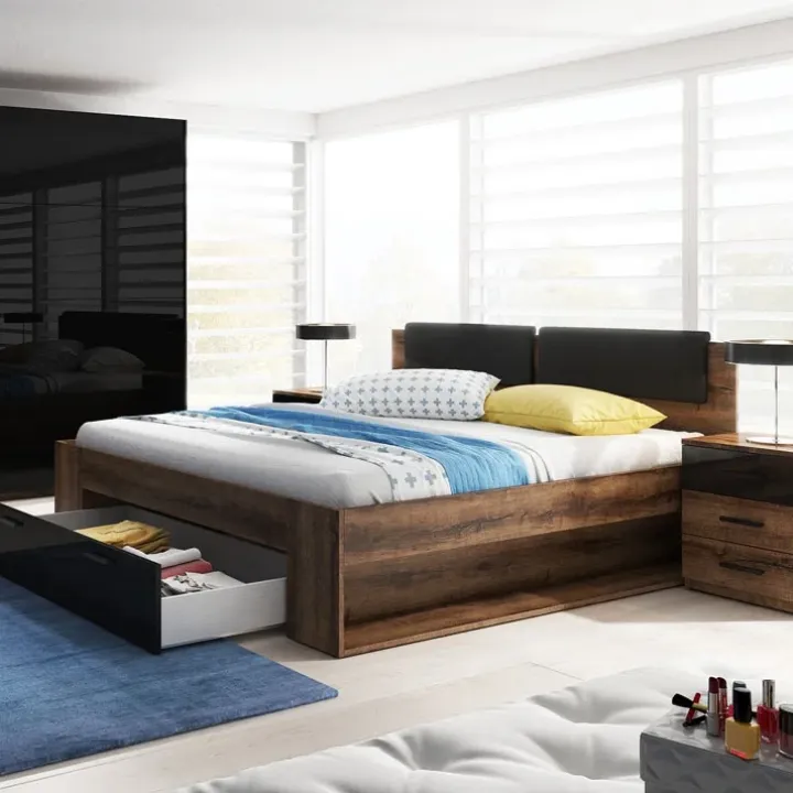 Camera completa con letto matrimoniale 160x200cm rovere scuro nero lucido Cortina Gihome®