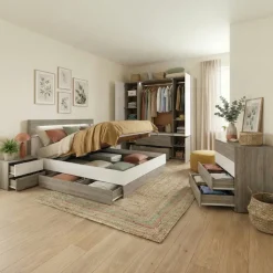 Camera da letto completa matrimoniale con LED rovere scuro bianco opaco Garonna