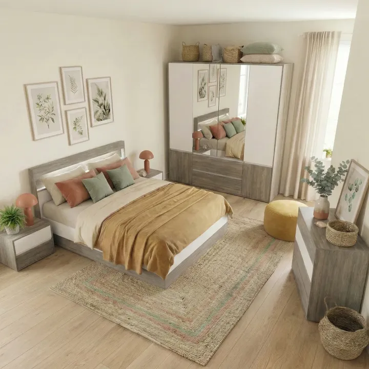 Camera da letto completa matrimoniale con LED rovere scuro bianco opaco Garonna