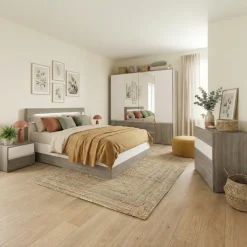 Camera da letto completa matrimoniale con LED rovere scuro bianco opaco Garonna