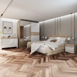 Camera da letto completa matrimoniale bianco lucido rovere sonoma Monaco