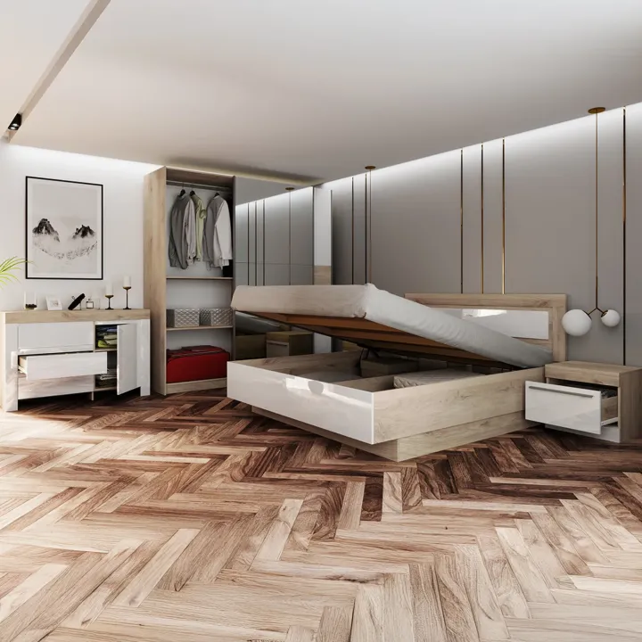 Camera da letto completa matrimoniale bianco lucido rovere sonoma Monaco