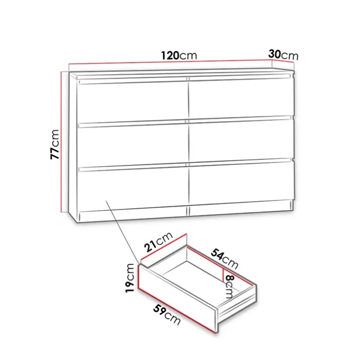 Cassettiera 120x77h cm 6 cassetti moderna bianco Rotterdam