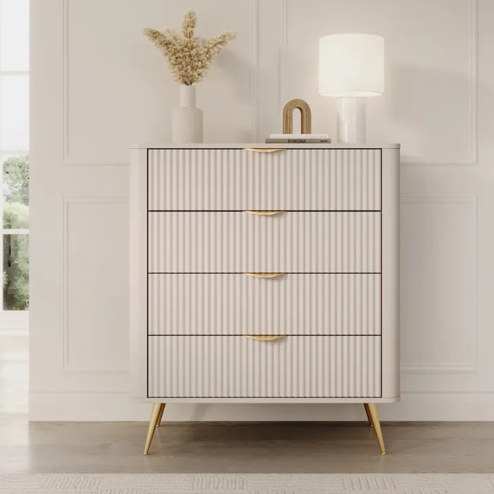Cassettiera 88x101h cm 4 cassetti soggiorno beige cannettato Ramis
