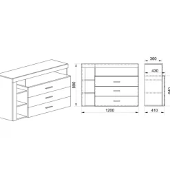 Cassettiera 120x90h cm con vani a giorno rovere antracite lucido Senna