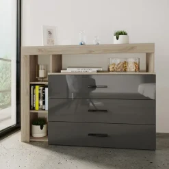 Cassettiera 120x90h cm con vani a giorno rovere antracite lucido Senna