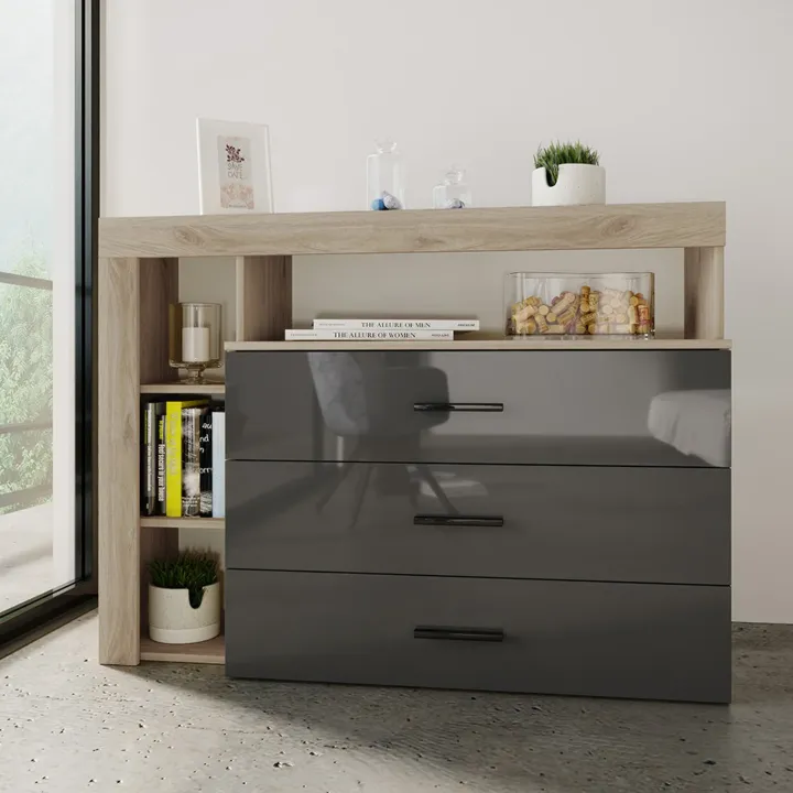 Cassettiera 120x90h cm con vani a giorno rovere antracite lucido Senna
