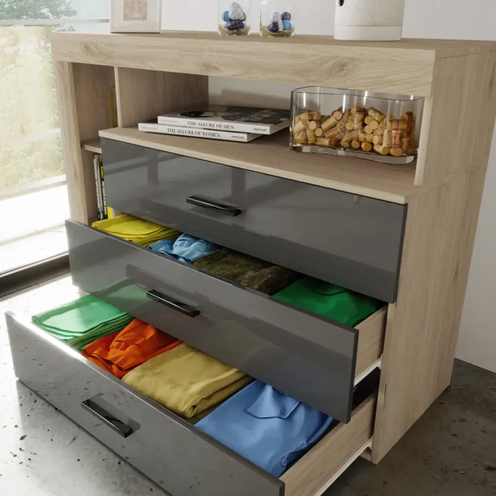 Cassettiera 120x90h cm con vani a giorno rovere antracite lucido Senna