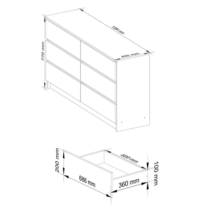 Cassettiera 140x77h cm moderna 6 cassetti bianco Living