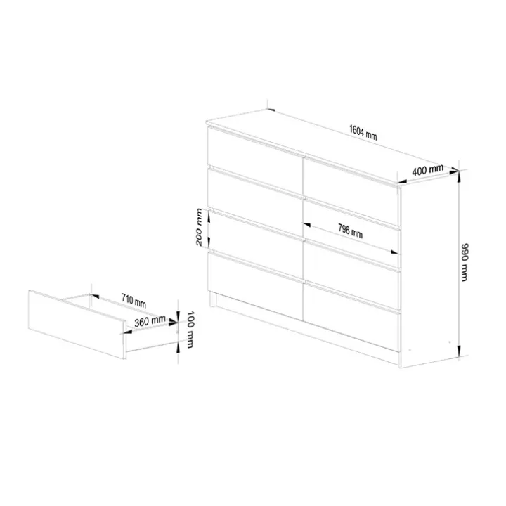 Cassettiera 160x100h cm moderna 8 cassetti rovere Living