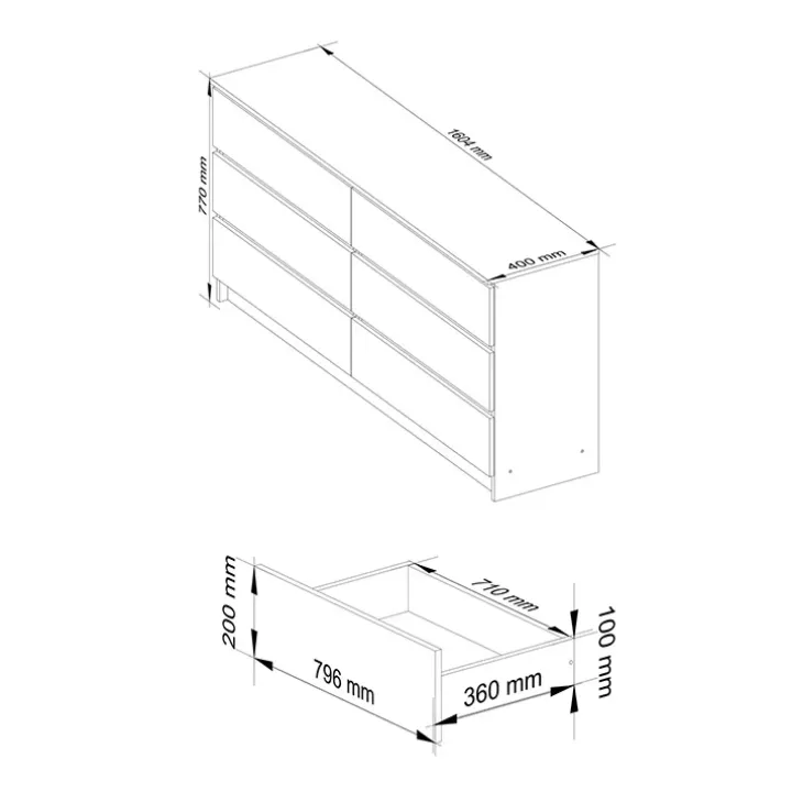 Cassettiera 160x77h cm moderna 6 cassetti rovere Living
