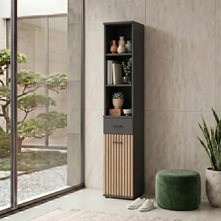 Colonna con libreria 30x203h cm stampa a righe rovere rustico antracite California Gihome®