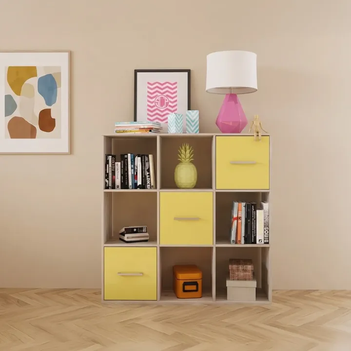 Comò libreria 122x122h cm con cassetti e vani a vista bianco frassinato giallo Bra