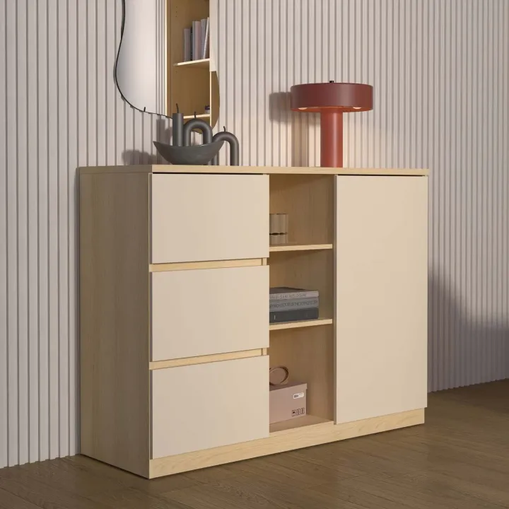 Comò 120x93h cm 1 anta 3 cassetti 3 vani a vista beige cashmere rovere Elvira