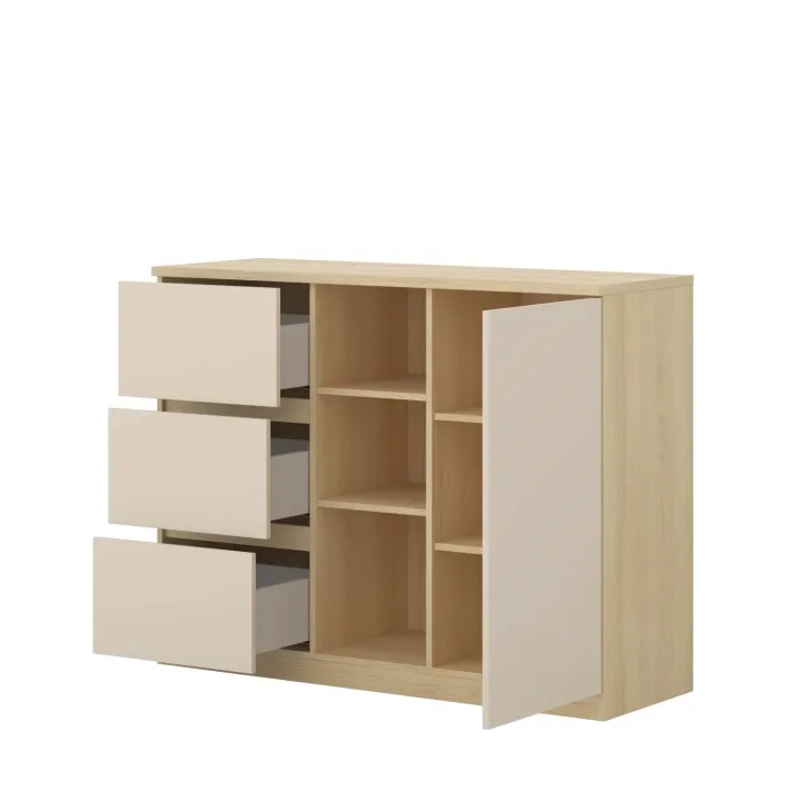 Comò 120x93h cm 1 anta 3 cassetti 3 vani a vista beige cashmere rovere Elvira