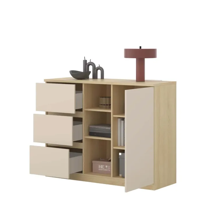 Comò 120x93h cm 1 anta 3 cassetti 3 vani a vista beige cashmere rovere Elvira