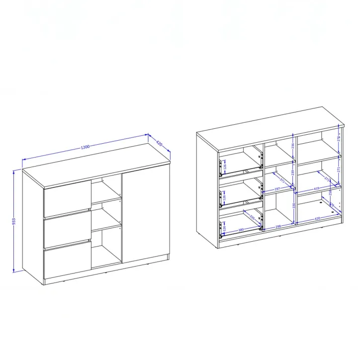 Comò 120x93h cm 1 anta 3 cassetti 3 vani a vista verde salvia rovere Elvira