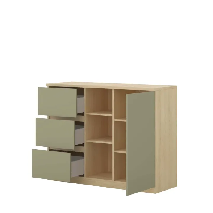 Comò 120x93h cm 1 anta 3 cassetti 3 vani a vista verde salvia rovere Elvira
