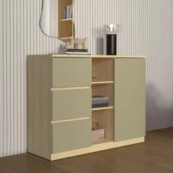 Comò 120x93h cm 1 anta 3 cassetti 3 vani a vista verde salvia rovere Elvira