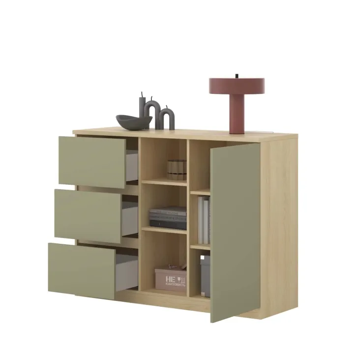 Comò 120x93h cm 1 anta 3 cassetti 3 vani a vista verde salvia rovere Elvira