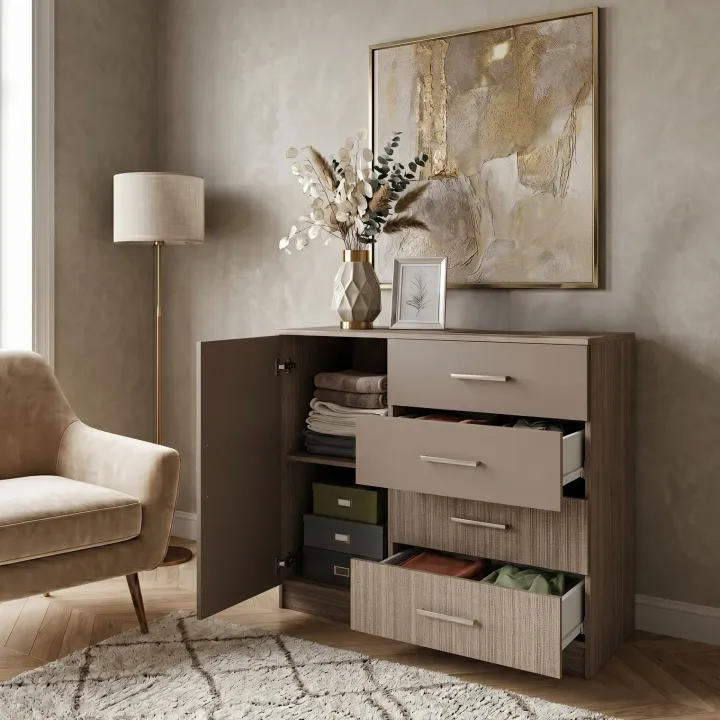 Comò 100x91h cm 1 anta con cassetti rovere scuro marrone Piero