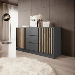 Comò 155x86h cm 2 ante con cassetti moderno antracite quercia Miller