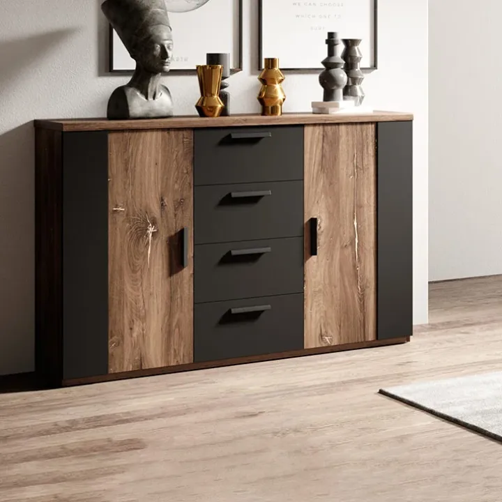 Comò 132x94h cm 2 ante con cassetti quercia scuro nero Vulcano