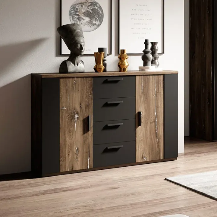 Comò 132x94h cm 2 ante con cassetti rovere scuro nero Vulcano