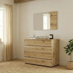 Comò 80x80h cm 4 cassetti con specchio moderno quercia Tamika