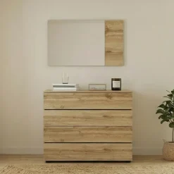 Comò 80x80h cm 4 cassetti con specchio moderno quercia Tamika