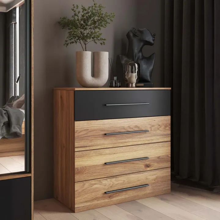 Comò 91x92h cm 4 cassetti moderno rovere nero Yve