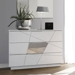 Comò 104x85h cm moderno bianco opaco frassinato con serigrafia e specchio Olimpo
